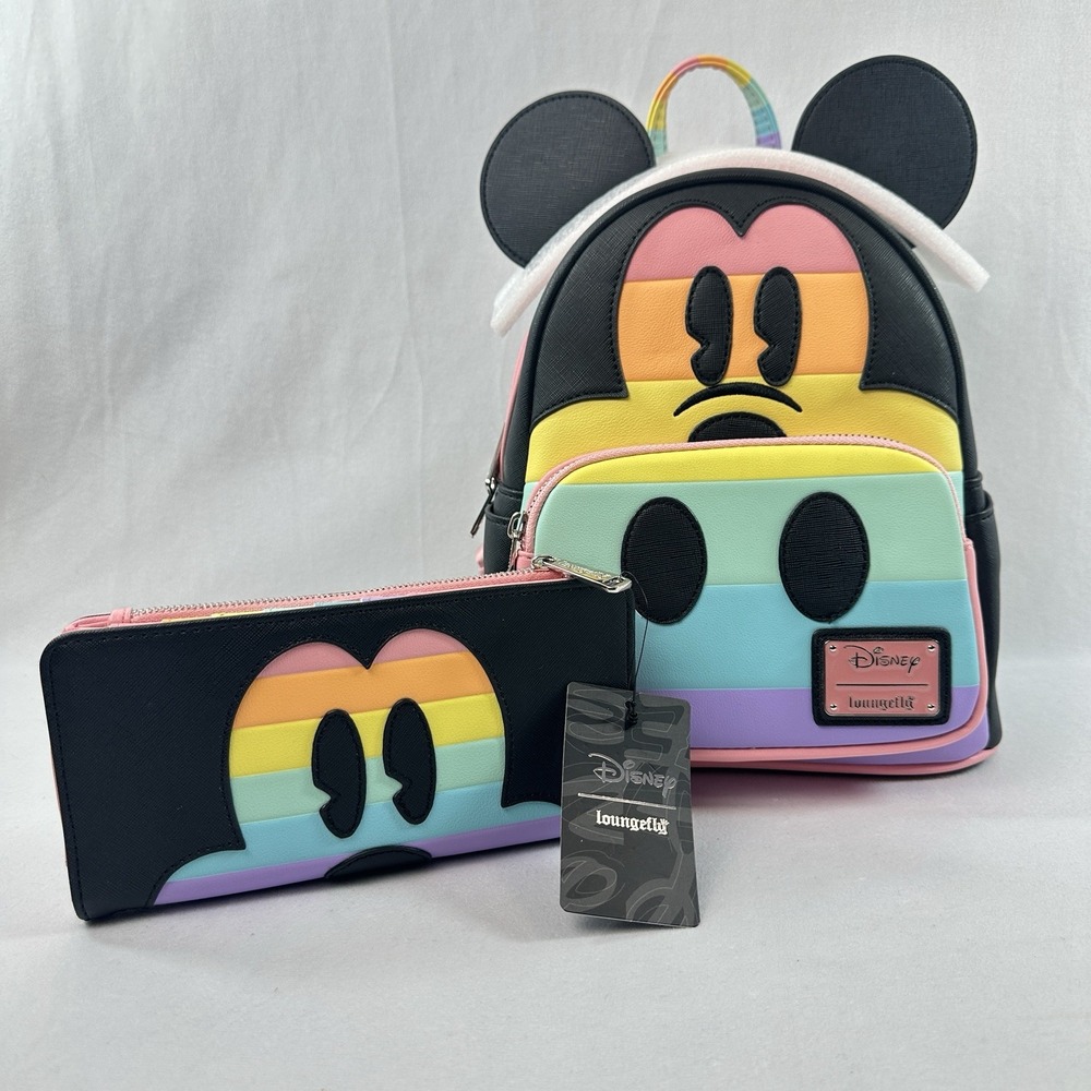 Loungefly Disney Mickey Mouse Pastel Rainbow Pride Mini Backpack and Wallet
